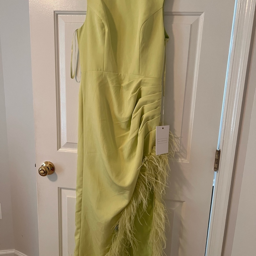 Mac Duggal Sleeveless Faux Wrap Dress with Feather Detail